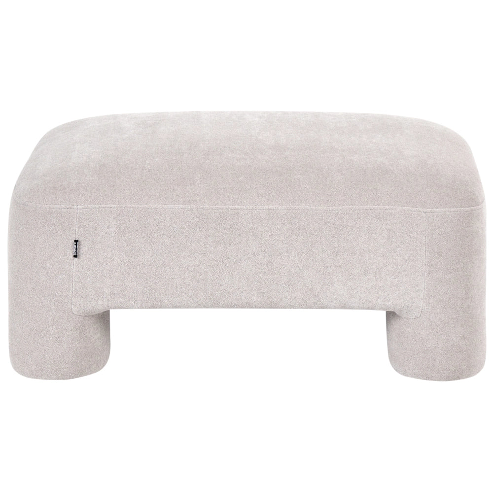 Ottomana in tessuto beige scuro con rivestimento in peluche, gambe cilindriche e stile organico