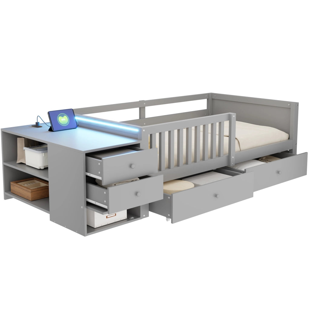 Letto a soppalco 90 x 200 cm con contenitore indipendente; presa integrata e LED; grigio