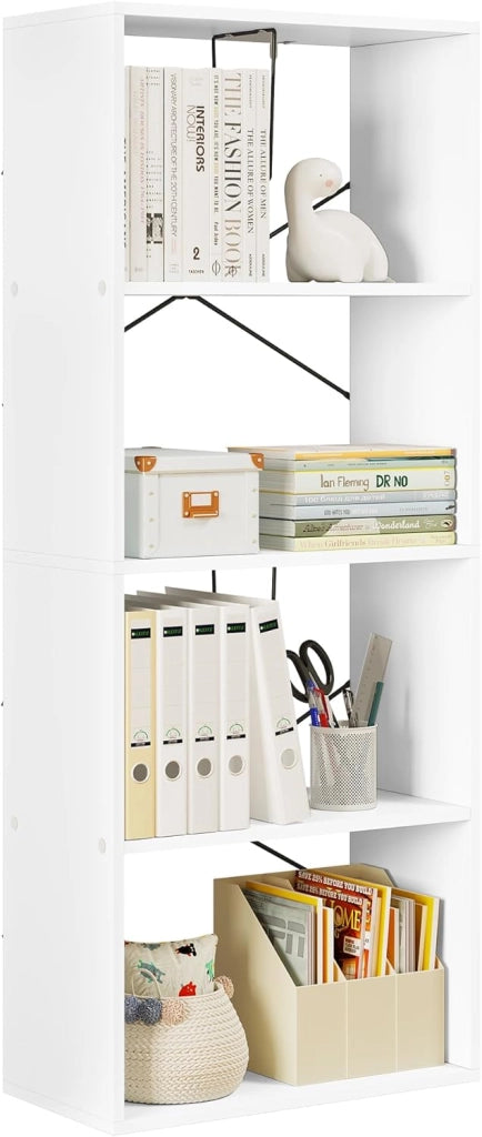 Scaffale da Soggiorno a 4 Ripiani, Libreria in Legno Salvaspazio Portaoggetti, Mobile Multiuso Moderno Bianco, per Studio, Camera da Letto, Cucina, Ufficio, 60x30x149cm