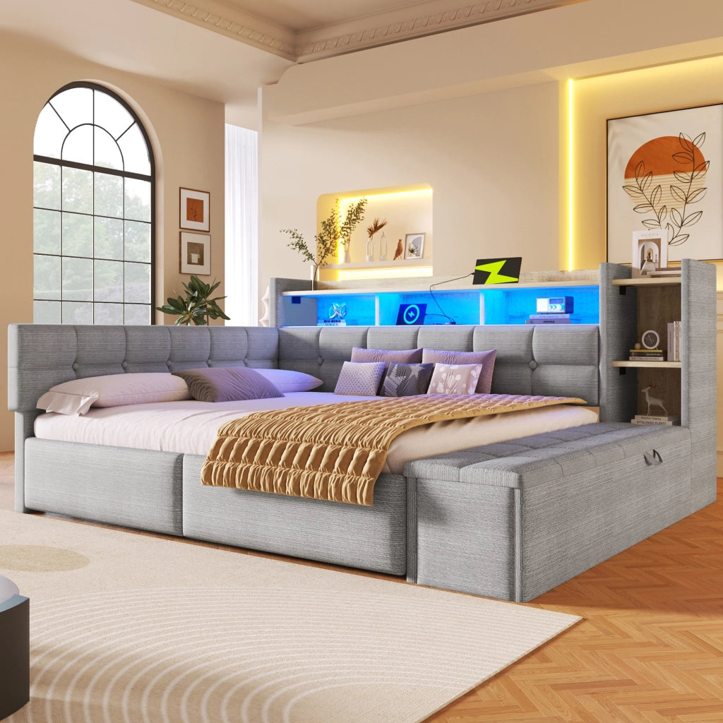 Divano letto 140 x 190 cm con contenitori e cassetti letto matrimoniale per camera in MDF e velluto grigio