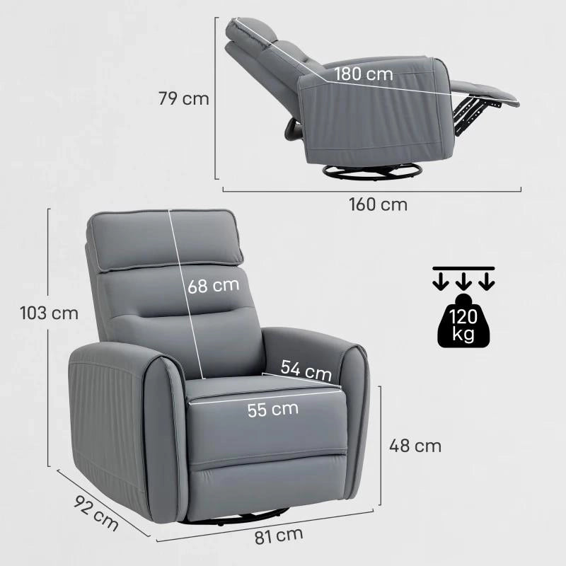 POLTRONA RELAX RECLINABILE MANUALMENTE CON POGGIAPIEDI IN TESSUTO EFFETTO PELLE E BASE GIREVOLE, GRIGIO
