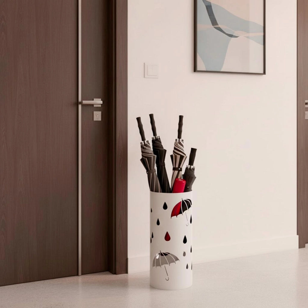 Portaombrelli Rotondo In Acciaio Zincato Dotato Di Vaschetta Scolapioggia E 4 Ganci Removibili Base Antiscivolo Design Moderno Per Ingresso Casa E Ufficio 41 X 17 Cm Bianco