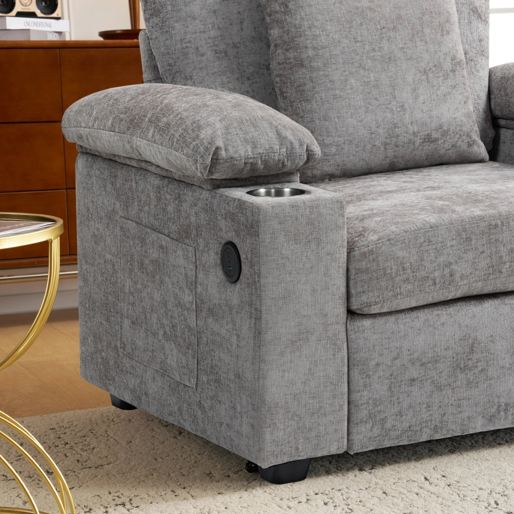 Chaise longue in ciniglia con portabicchieri, vano contenitore nei braccioli e supporto ergonomico grigio