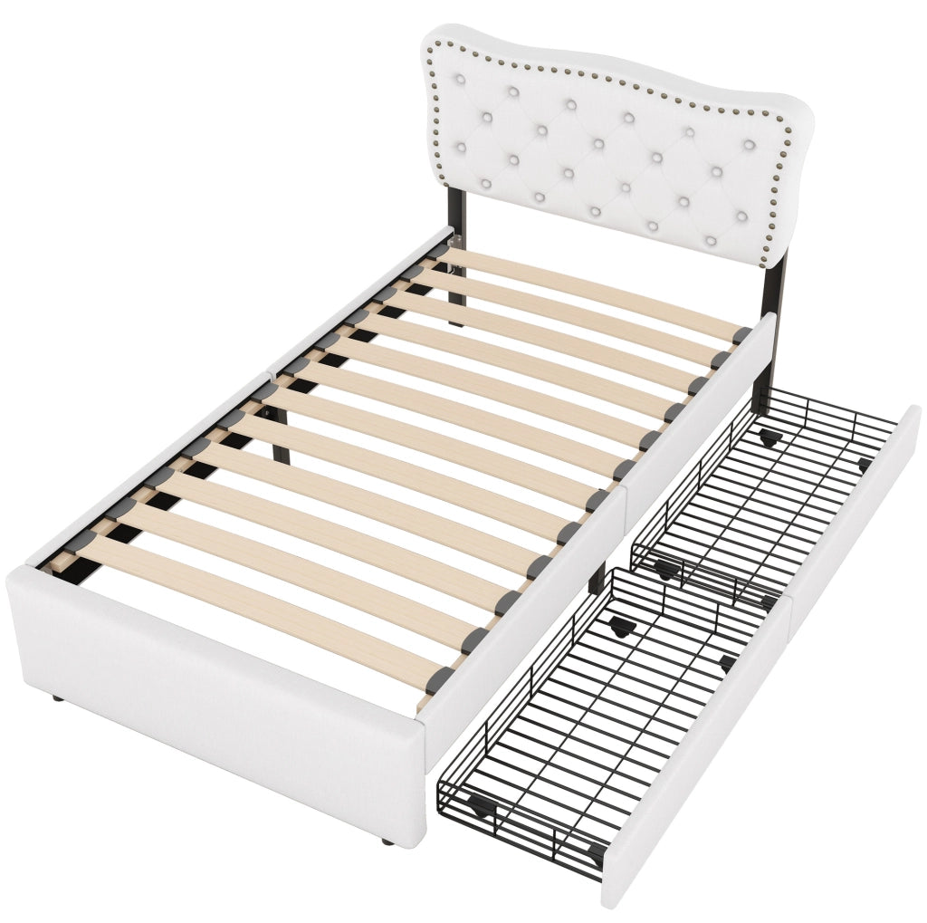 Letto imbottito 90x200 cm con 2 cassetti e testiera regolabile; MDF e lino; beige chiaro