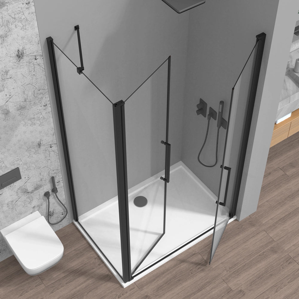 Box doccia angolare 70x70 con apertura saloon in vetro temperato trasparente con profili nero opaco Neos