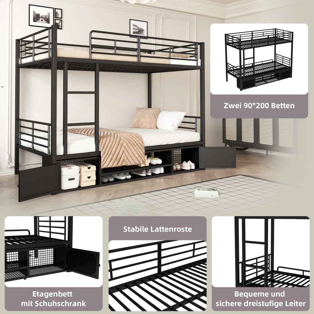 Letto a Castello 90x200 cm; Letto Singolo - Con Scarpiera; Scaletta; Sponda; in Metallo Nero