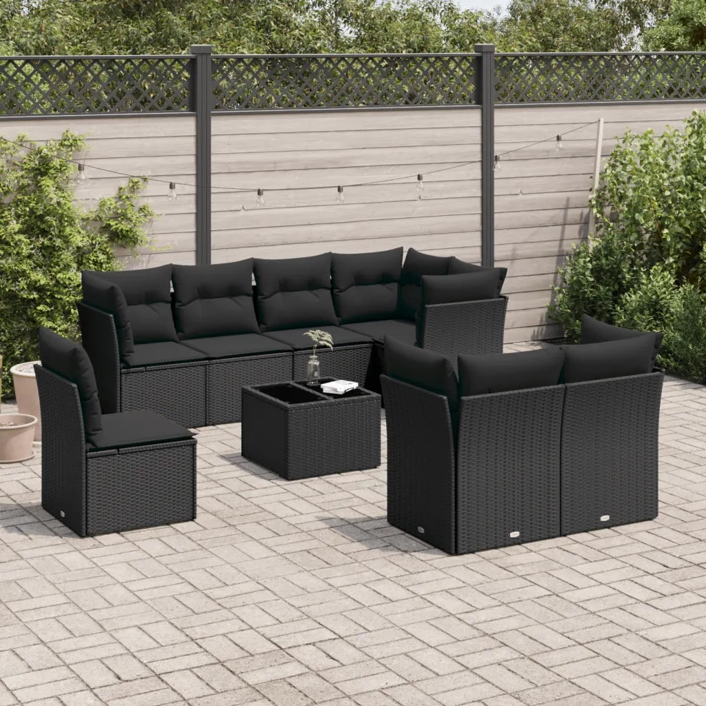 Set Divani da Giardino 9 pz con Cuscini Nero in Polyrattan