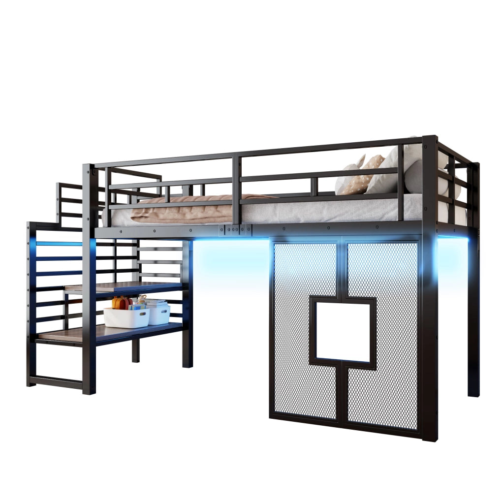 Letto a Soppalco 90x200 cm - con Scala Contenitore; LED Regolabile e Finestre - Nero