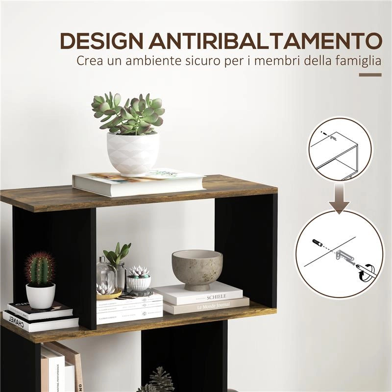LIBRERIA MODERNA ASIMMETRICA A PARETE CON 5 RIPIANI IN LEGNO, 70X29.5X163CM, MARRONE RUSTICO