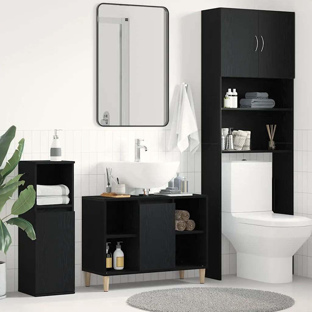 Mobiletto per Lavabo-Armadietto da bagno Rovere Nero 80x33x60 cm in Legno Massello