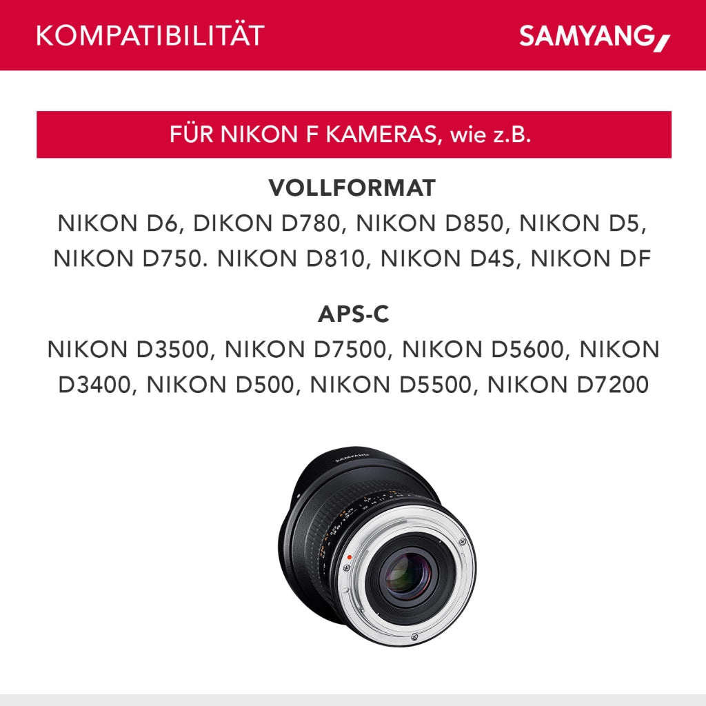 MF 12mm F2.8 Fisheye Nikon F - Angolo di campo di 180° - Alta velocità - Messa a fuoco manuale - Adatto per architettura, arte, paesaggio - Incl. borsa e cappuccio protettivo
