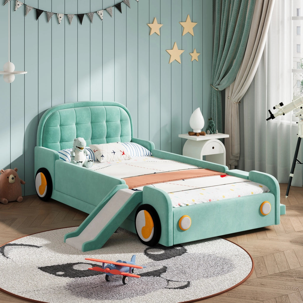 Letto a forma di auto 90x200 cm con scivolo e scala; velluto blu-verde
