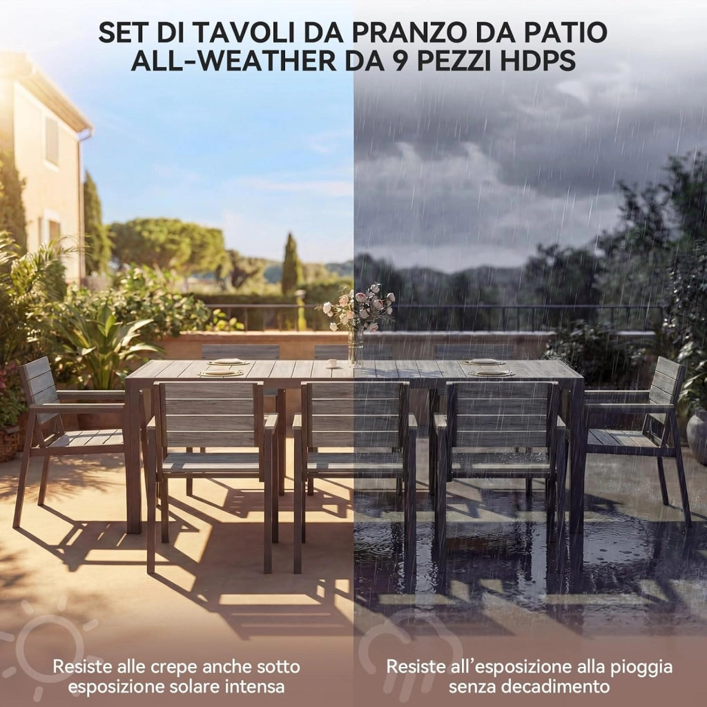 HDPS Set Tavolo e Sedie da Giardino 9 Pezzi Resistente alle Intemperie, Completo di Tavolo 189 cm e 8 Sedie da Esterno in Alluminio, Finitura a Vena di Legno e Facile da Manutenzionare (Grigio)