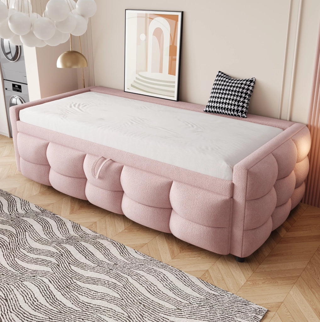 Letto combinato 90/180 x 190 cm in tessuto Teddy rosa con rete a doghe