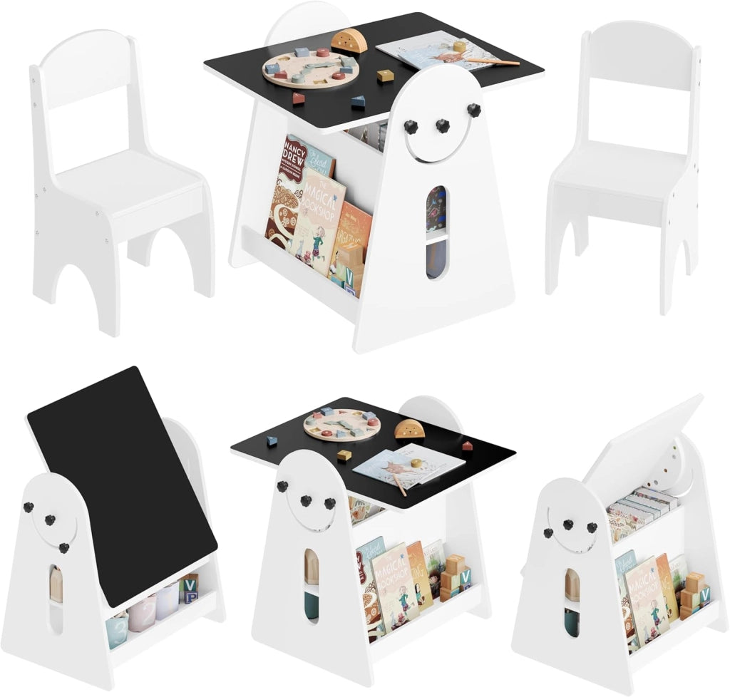 Set di Tavolo e Sedie per Bambini con Cavalletto, Tavolo con 2 Sedie per Bambini, Spazio di Archiviazione, Piano d'Appoggio Girevole, Bianco