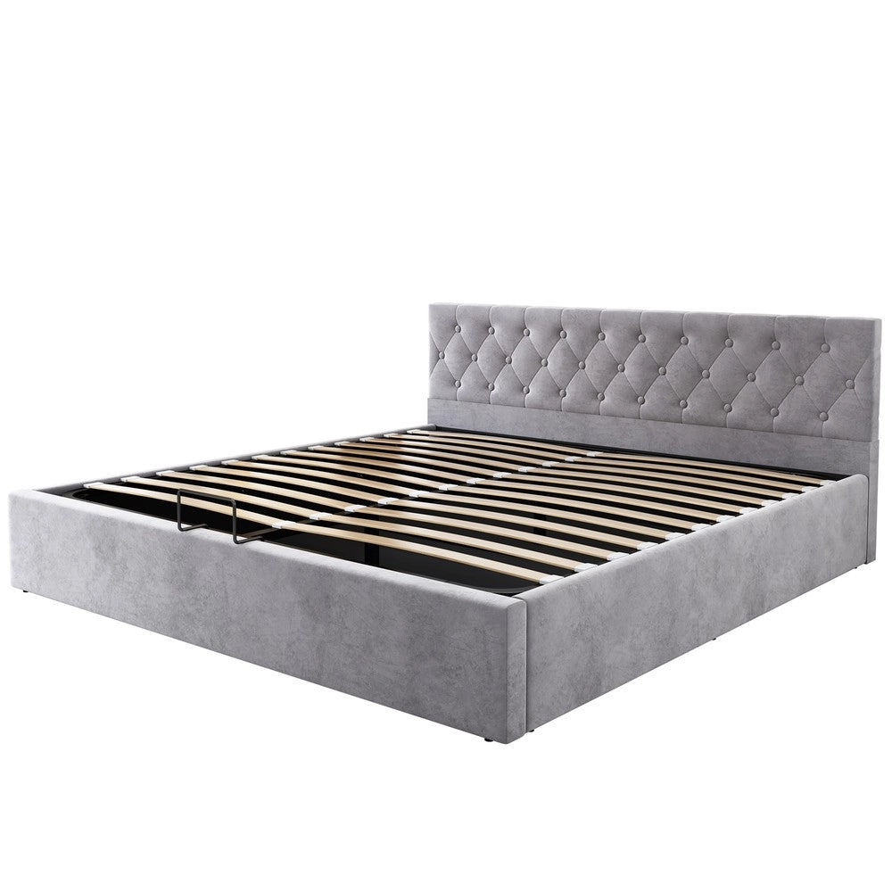 Letto Imbottito Contenitore Matrimoniale ¨C Xylo ¨C Grigio, Testiera con Bottoni, Idraulico, Rete a Doghe, 180x200