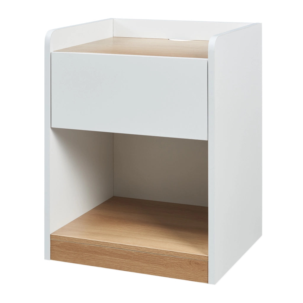 Comodino Kuorshare Mobiletto Laterale con Cassetto e Vano Aperto 55 x 42 x 37 cm - Bianco/Effetto Rovere [en.casa]