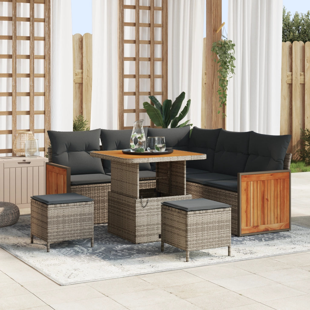 Set Divano da Giardino 8 Pezzi con Cuscini Grigio Polyrattan Acacia