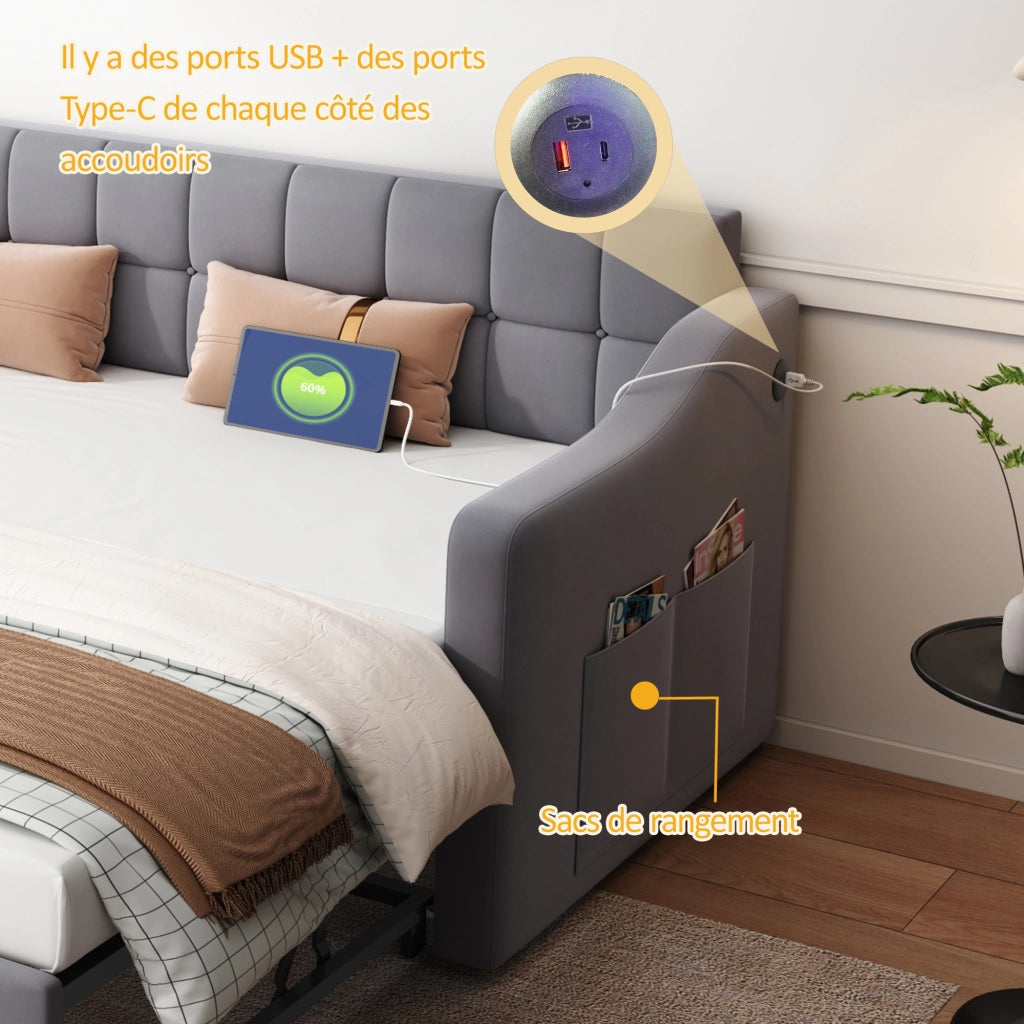 Letto estraibile singolo 90×190 cm con USB e rete in metallo e legno; senza materasso; grigio