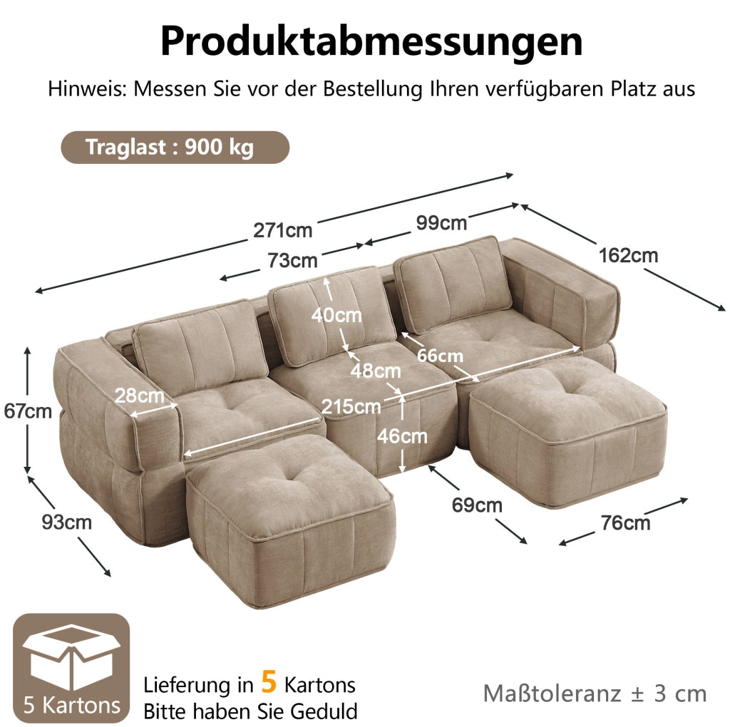 Divano modulare a U 3 posti con 2 pouf 271x162x67 cm in poliestere color sabbia