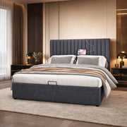 Letto imbottito ULEVR 160x200 cm con vano contenitore, LED controllabile da app, USB e Type-C, grigio
