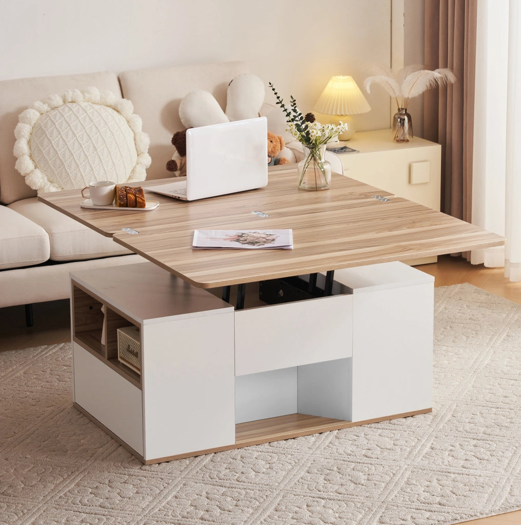 Tavolino da salotto sollevabile 100x51x47 cm in truciolare bianco e legno naturale