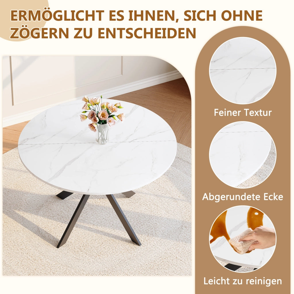 Tavolo da pranzo rotondo con piano effetto marmo bianco in MDF e base a X nera diametro 110 cm