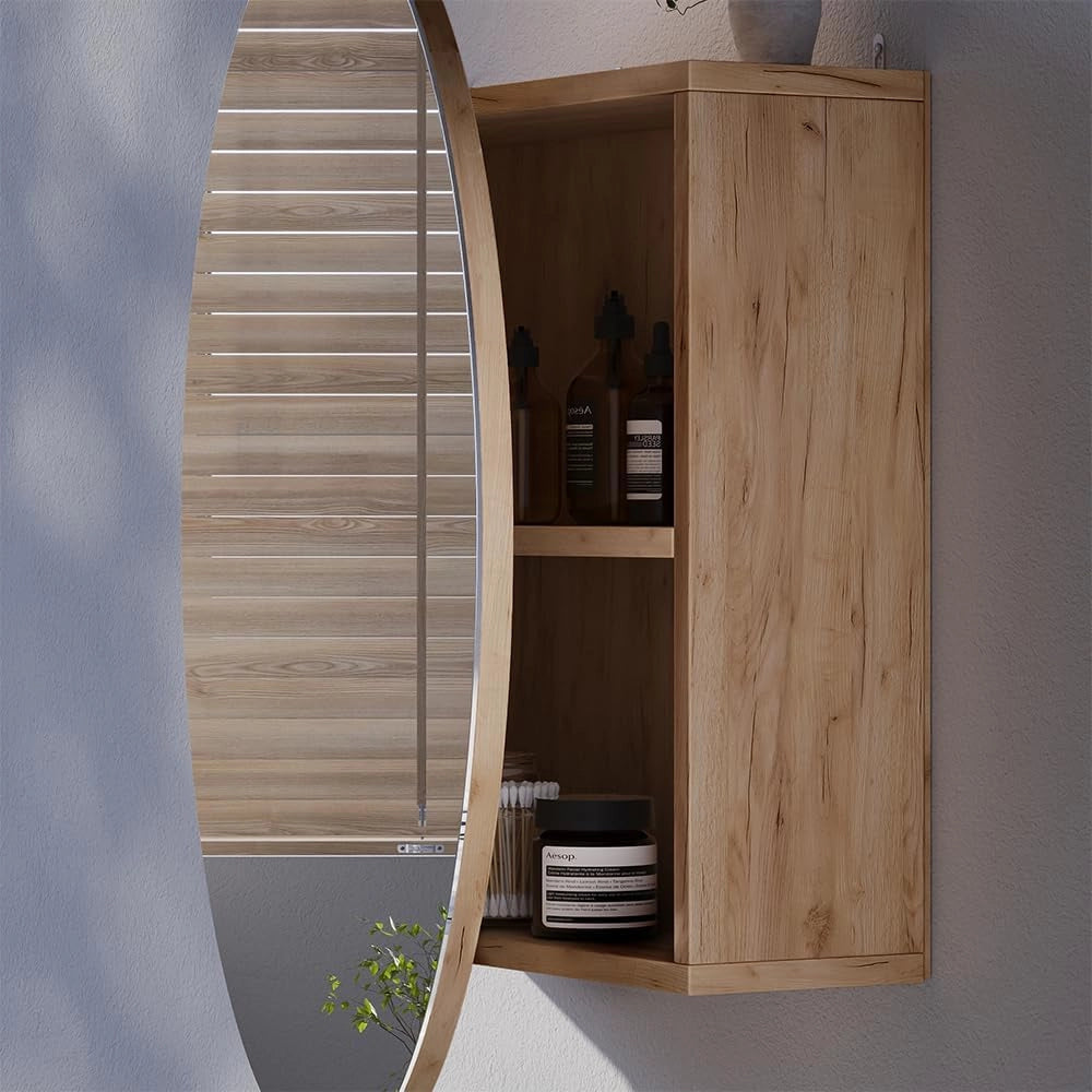 Specchio contenitore bagno Loki, Quercia dorata, 60 x 60 cm con 2 scomparti, per montaggio a parete con specchio e ripiano