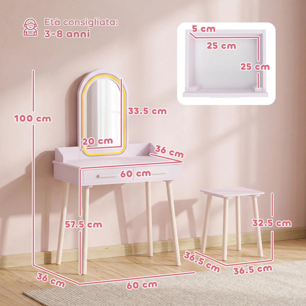 Set Toeletta Trucco Bambina 2 in 1 con Sgabello e LED, 3-8 Anni Rosa