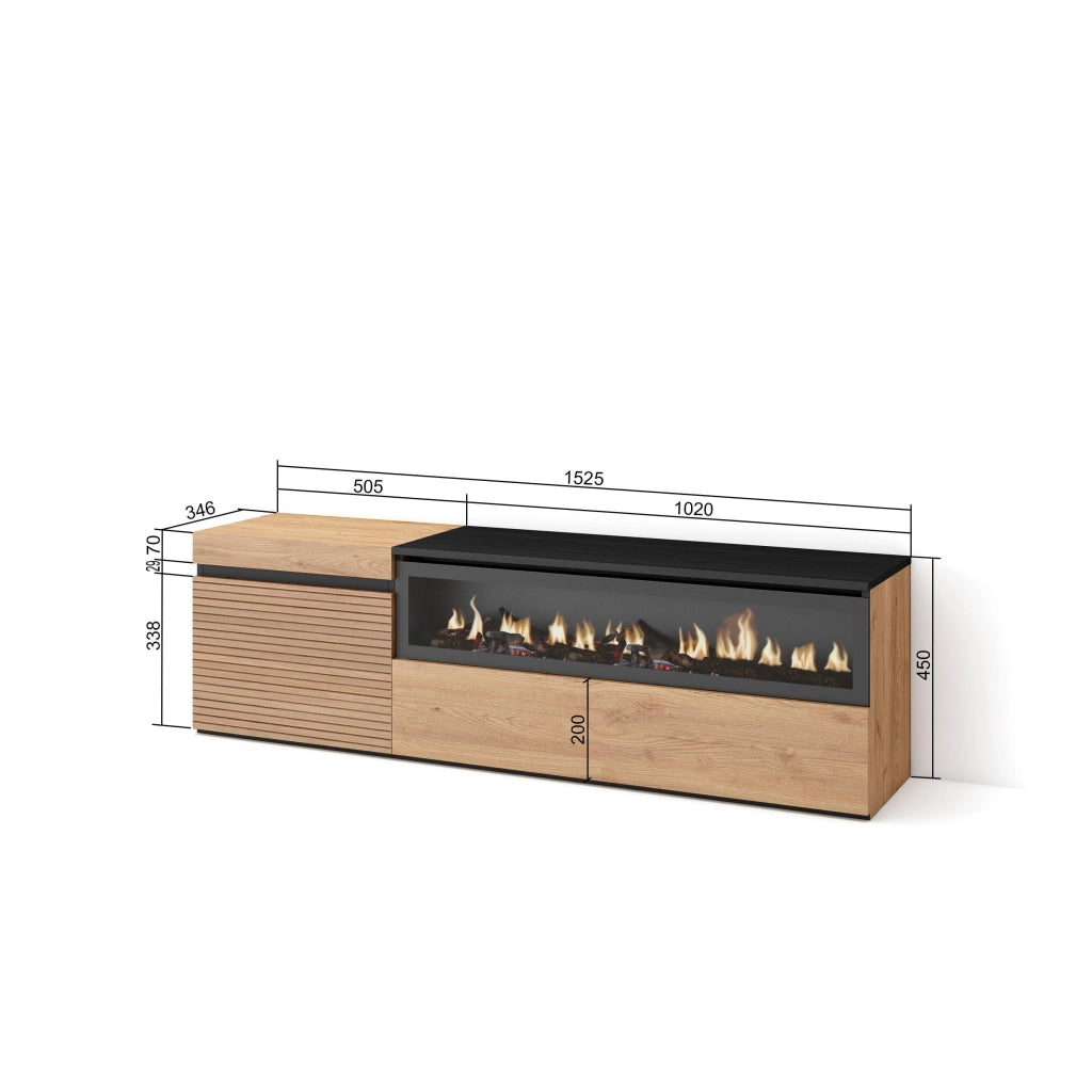 Mobile TV Soggiorno, 150x35x45cm, Per TV fino a 65", Camino elettrico, colore Rovere RF3301