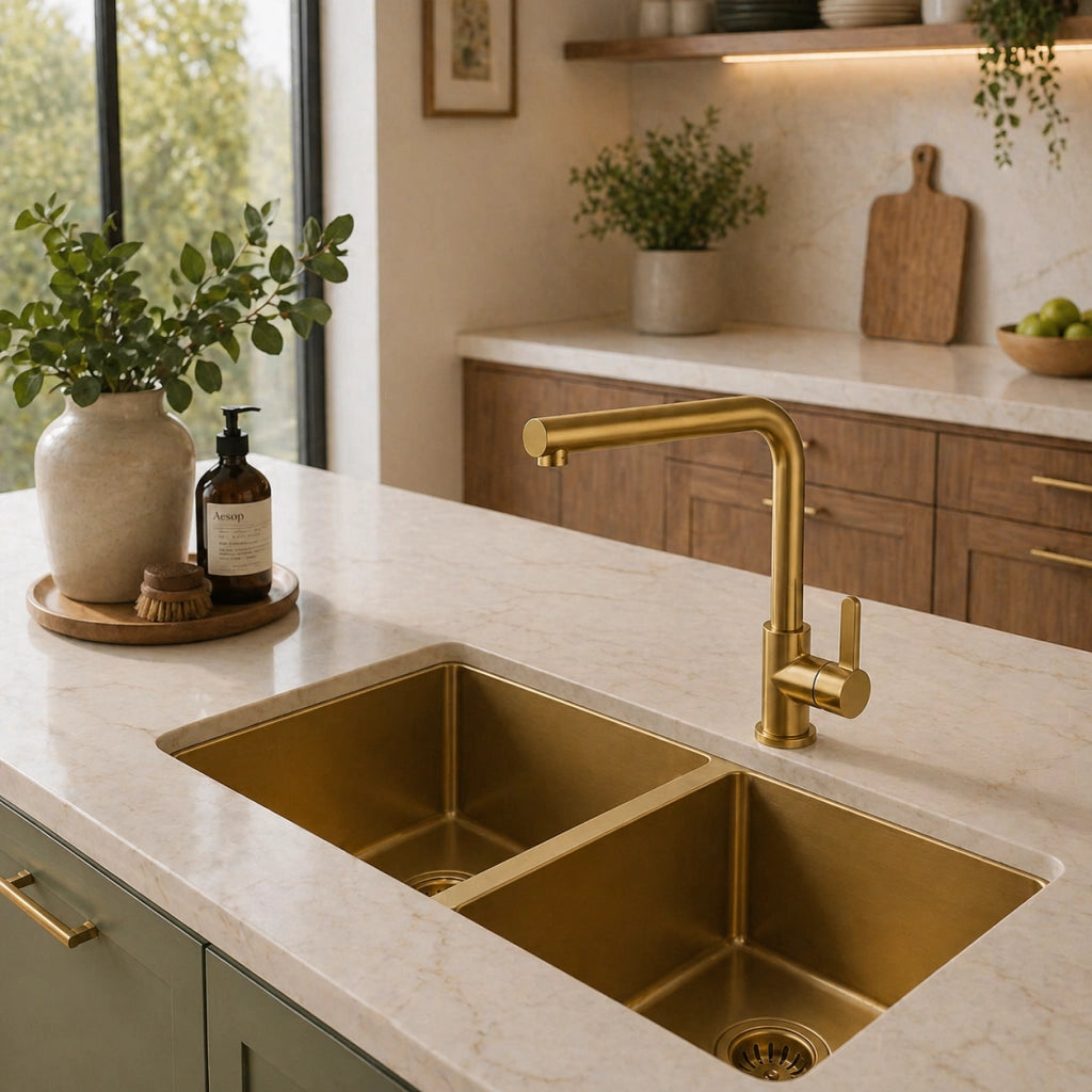 Rubinetto Cucina Oro Satinato Canna Alta Quadrata Girevole Miscelatore Lavello 94029