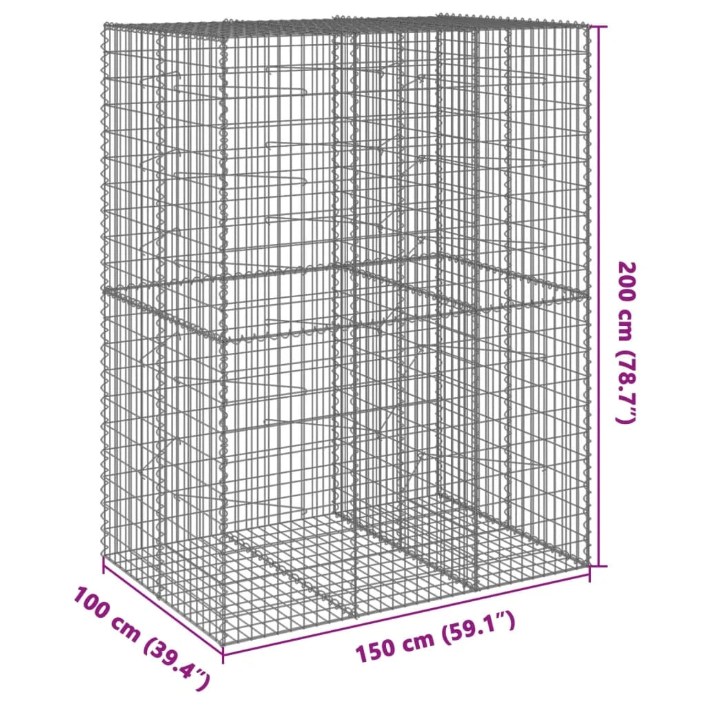 Gabbione recinto a gabbia muro di contenimento con coperchio 150 x 100 x 200 cm ferro zincato argento 02_0040138