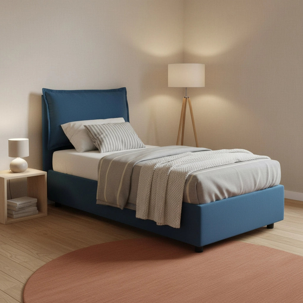 Letto singolo Aphrodite, Letto contenitore con rivestimento in tessuto, Made in Italy, Apertura laterale, adatto per materasso cm 80x190, Blu