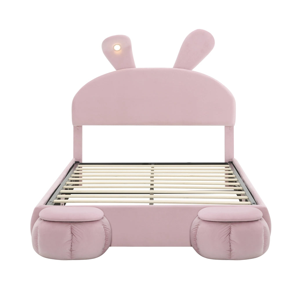 Letto Contenitore 140 x 200 cm; Letto Matrimoniale - LED Regolabile e 2 Pouf - Rosa