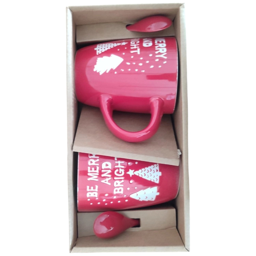 Set 2 Tazze Natalizie Gres Rosso 30cl con Cucchiaini Idea Regalo Natale