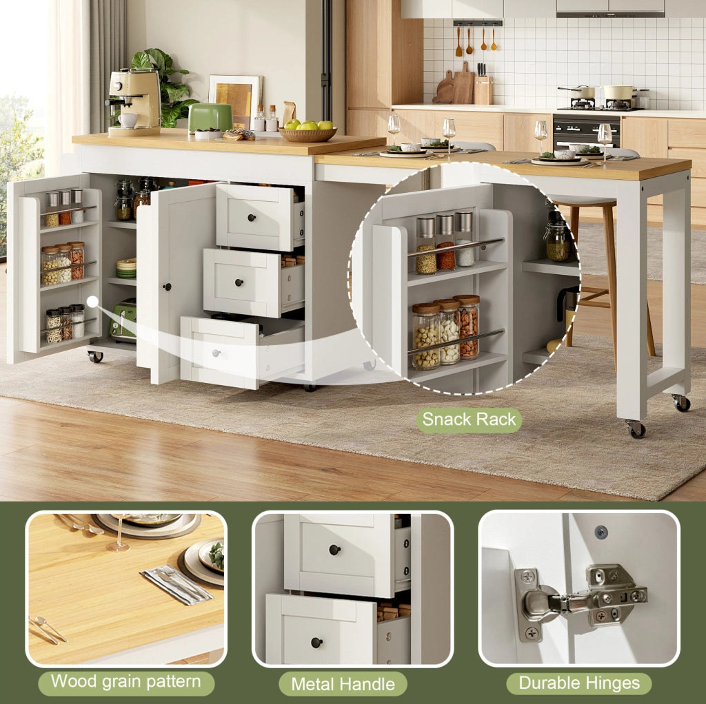 Isola da cucina mobile allungabile 116-179;5x45x89 cm con cassetti e ruote; bianca