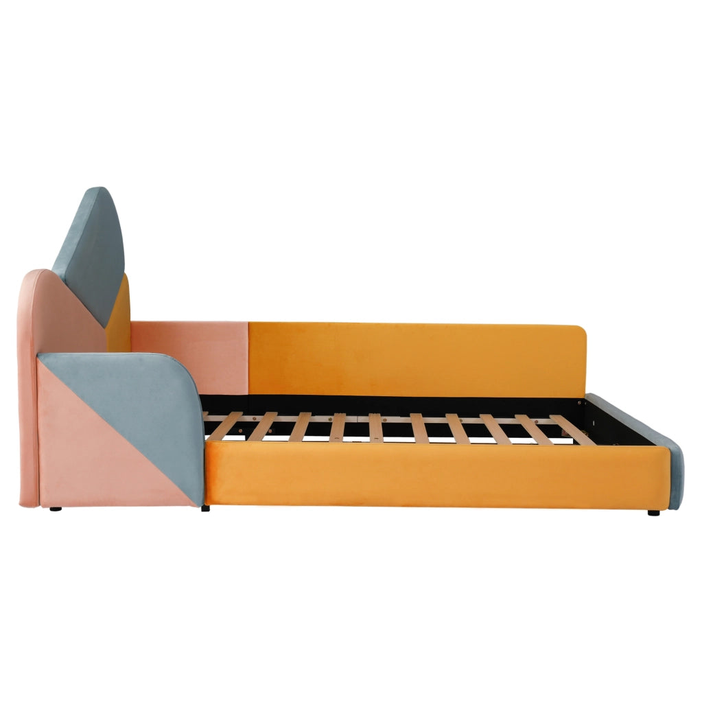 Letto imbottito 140x200 cm con protezione laterale; patchwork in velluto blu multicolore