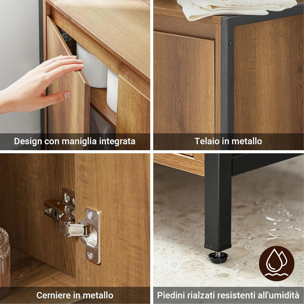 Mobiletto Bagno Salvaspazio - Mobile Sottolavabo per Bagno con 2 Ante e Ripiano, Mobile Sotto Lavabo da Terra con Piedini Regolabili 60x60x30 cm BZR63-PF