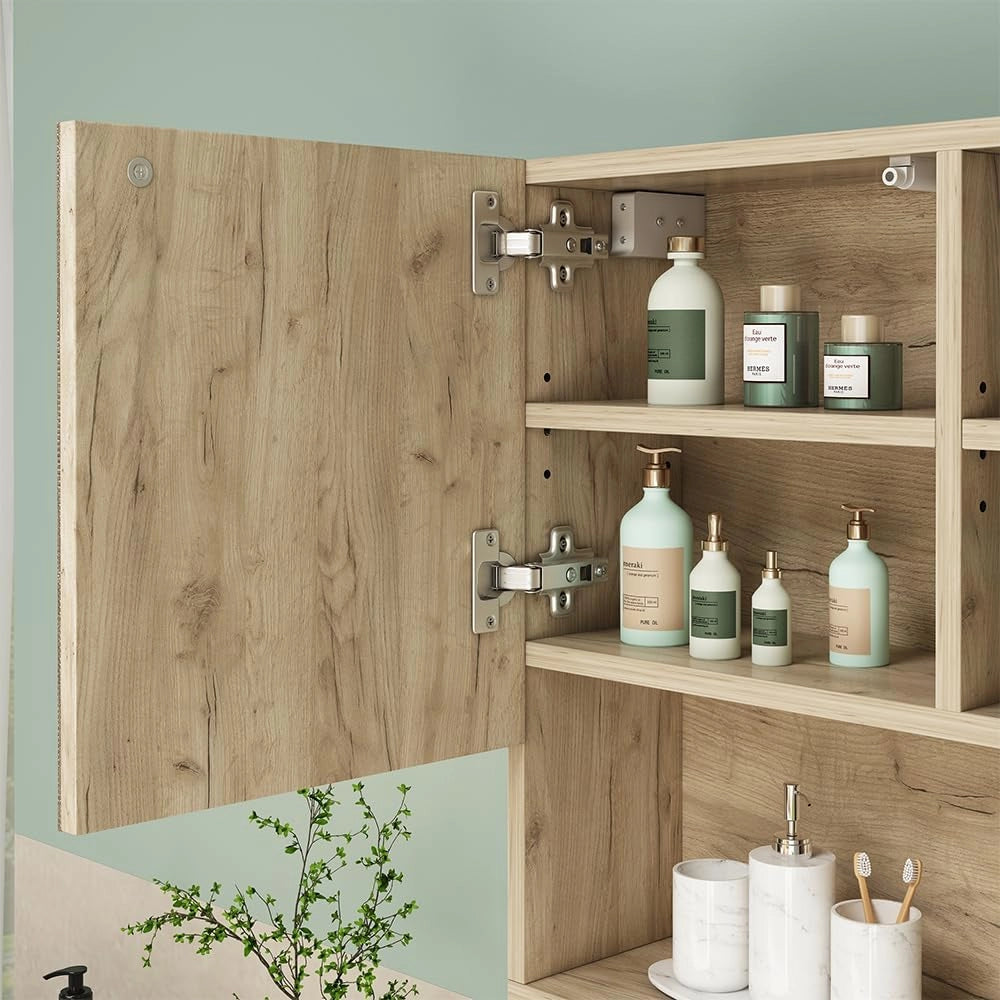 Specchio contenitore bagno Edge, Bianco, 54 x 55 cm con anta e vani a giorno, per la conservazione in bagno con meccanismo push-to-open
