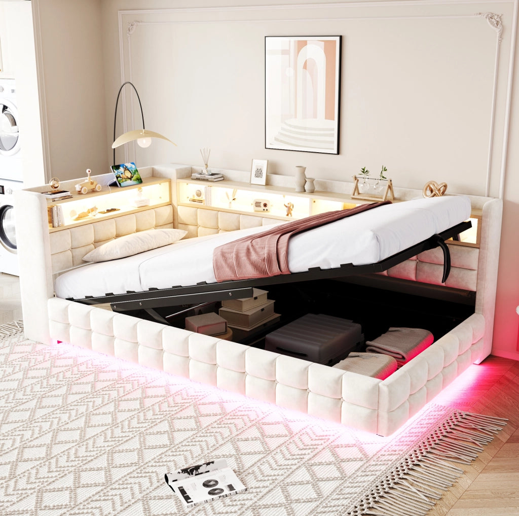 Divano letto imbottito 90x200 cm in velluto beige con contenitore; LED e USB