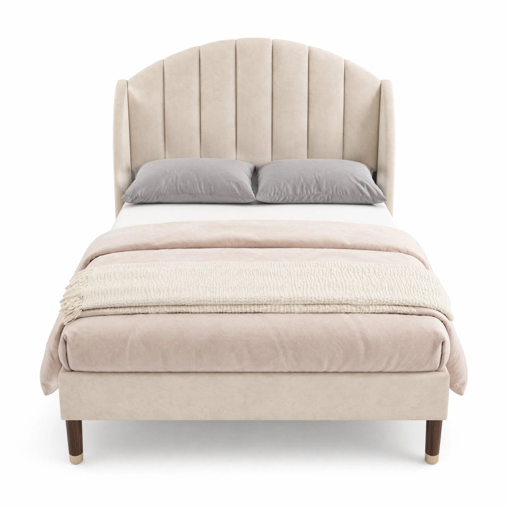 Letto imbottito singolo 90x200 cm con rete a doghe e testiera, in velluto beige