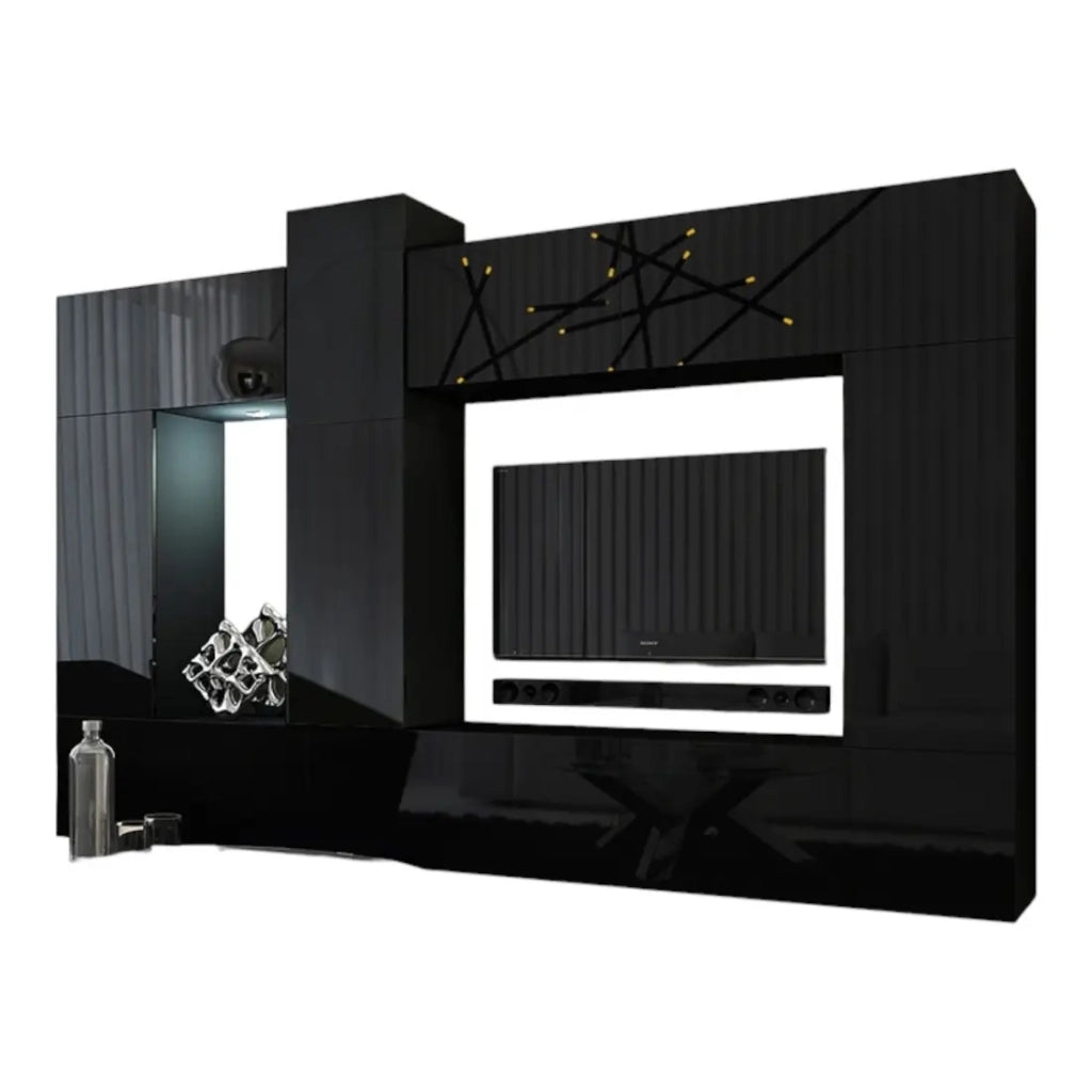 Set di mobili da soggiorno neri sospesi collezione CEPTO XXII. 273cm, 10 pezvi, led, modulari.