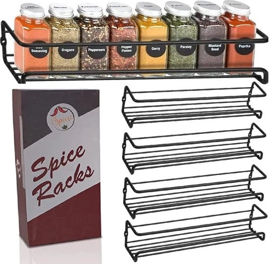 Organizzatore per spezie, nero, di alta qualità, adesivo, set da 4 pezzi, infine ordine per le tue mensole cucina, spazio per contenitori di spezie o erbe, senza perforazione.