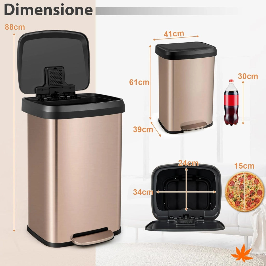 Bidone per Pattumiera da 50 L, Pattumiera da Cucina con Pedale, Coperchio e Scomparto Deodorante, Ideale per Casa Ufficio, Rosa Dorato/Argento (50L, Rosa dorato)