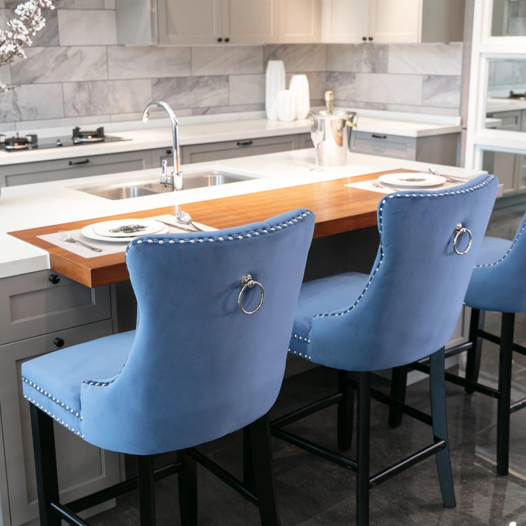 Sgabello da bar in velluto con schienale alto e altezza regolabile per sala da pranzo, gambe in legno massello blu