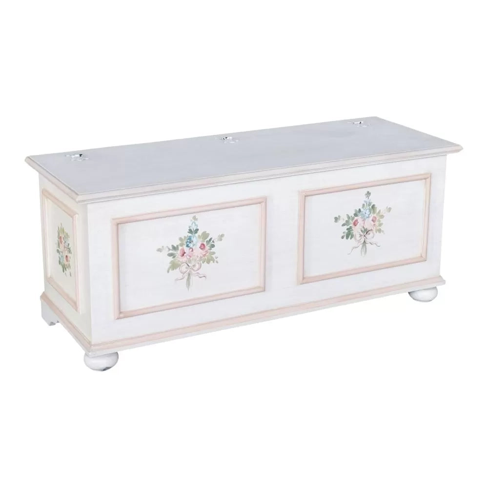 Cassapanca in legno shabby bianco anticato decoro filo rosa 116,5x40,5x46 - Mobili 2G