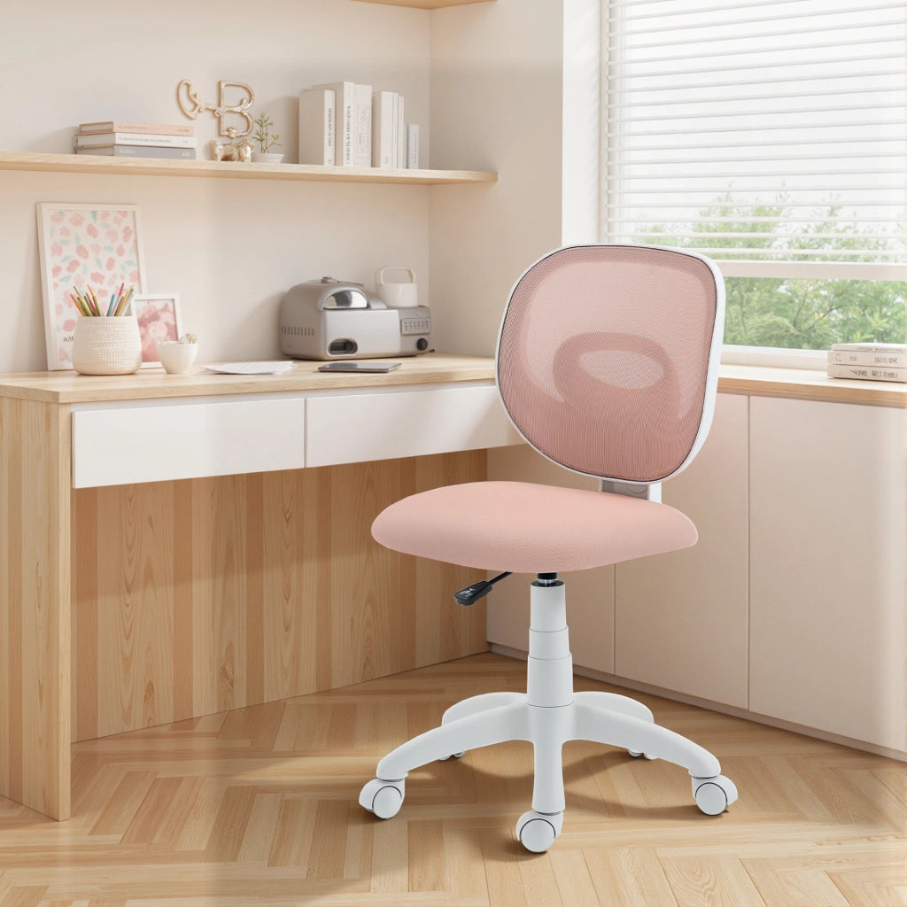 Sedia da Ufficio Ergonomica Girevole 53x59,5x81-89 cm Senza Braccioli in Tessuto a Rete Traspirante Rosa