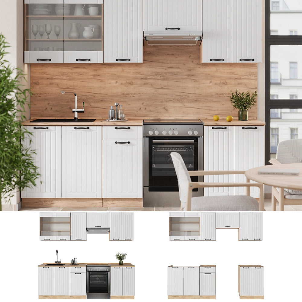 Cucina componibile Fame-Line Bianco rustico/Rovere dorato 240 cm, PL Marmo Vicco