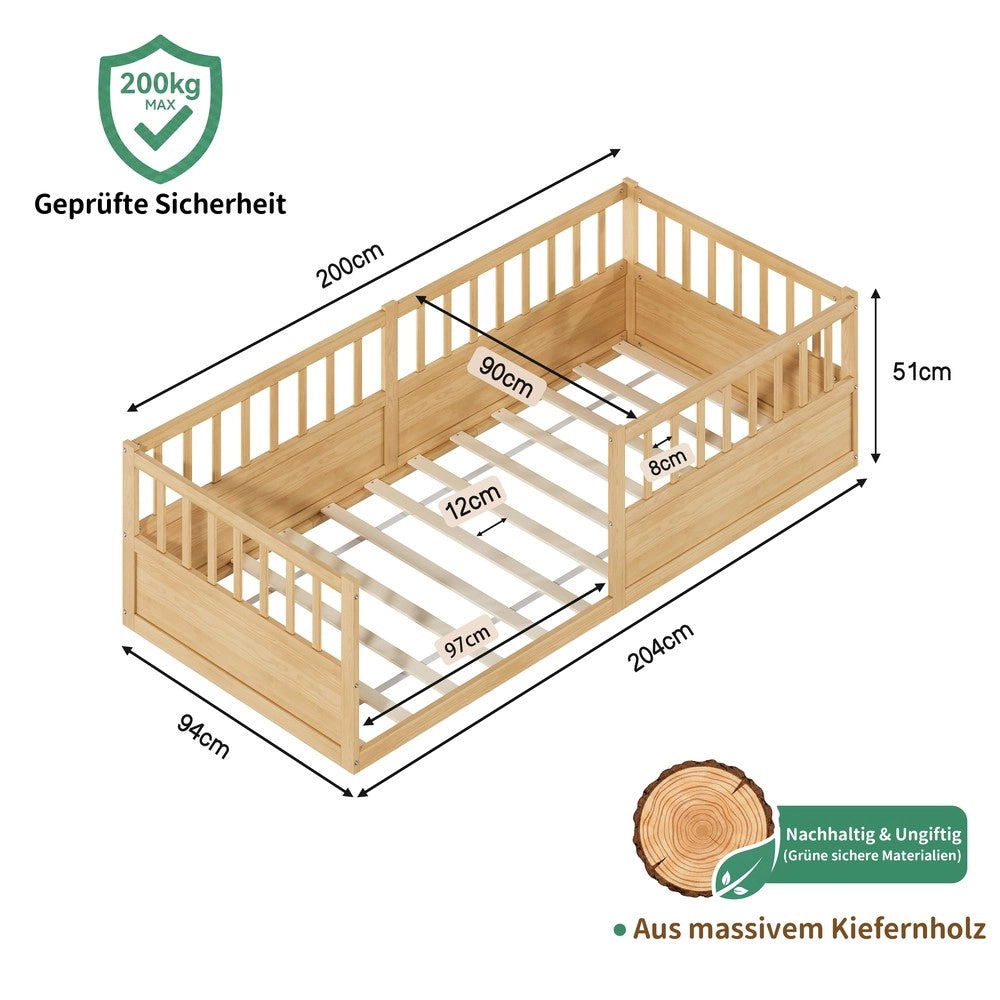 Letto Montessori Singolo in Legno di Pino ¨C MINIMAL ¨C 90x200, con Rete a Doghe e Sponda