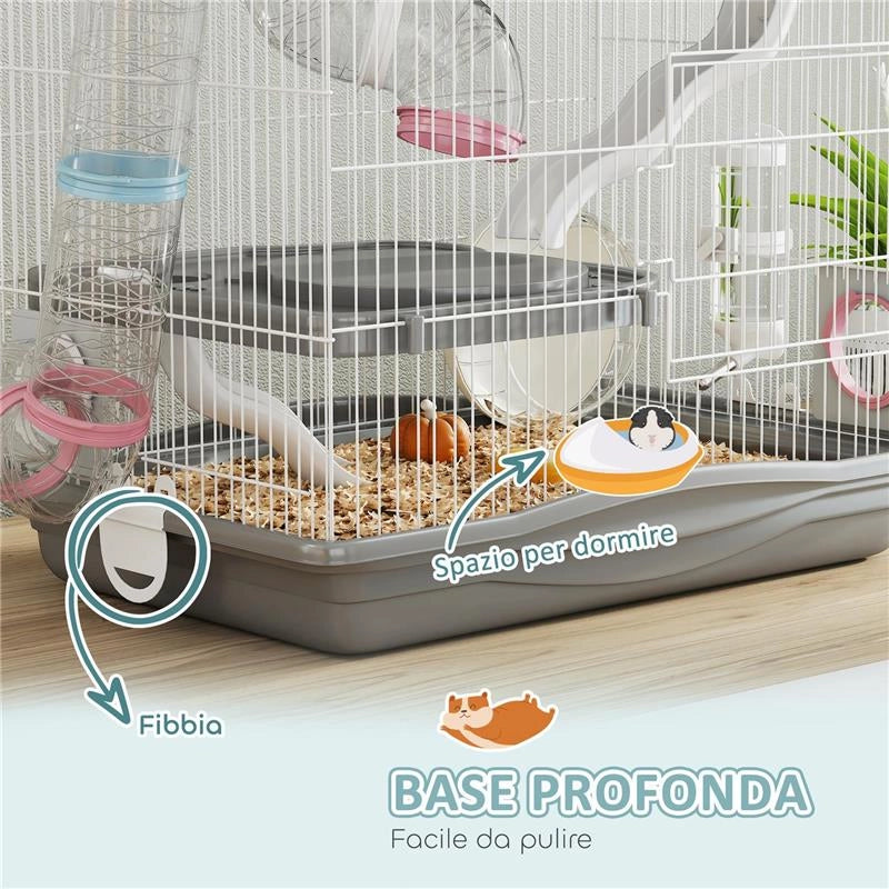 GABBIA PER CRICETI A 3 LIVELLI E 14 TUBI CON CASETTA, RAMPA, E ACCESSORI, IN METALLO E PLASTICA, 45X30X45 CM, GRIGIO